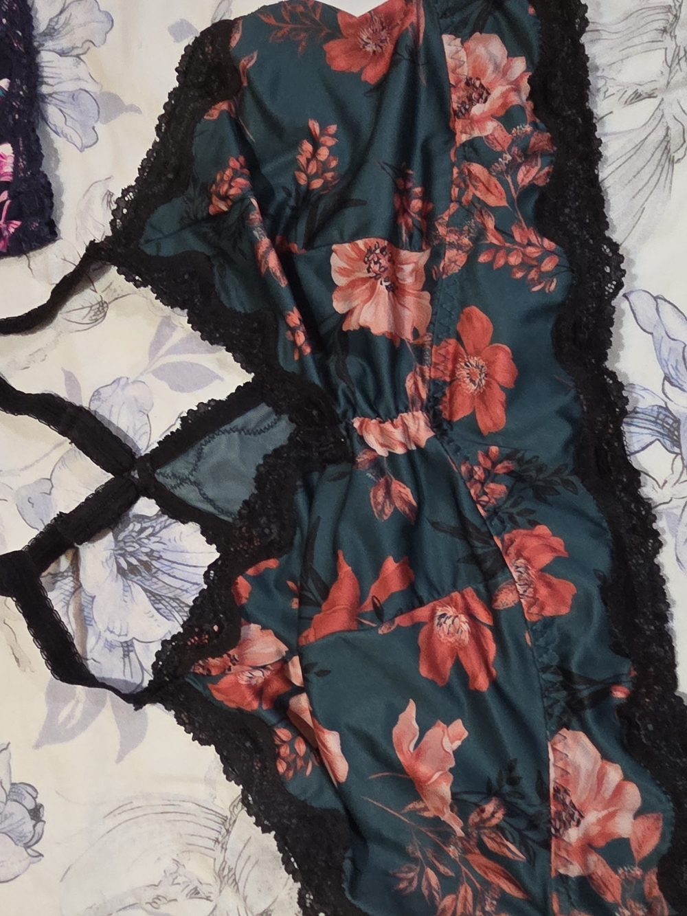 Torrid Teal Floral Satin Chemise with Black Lace